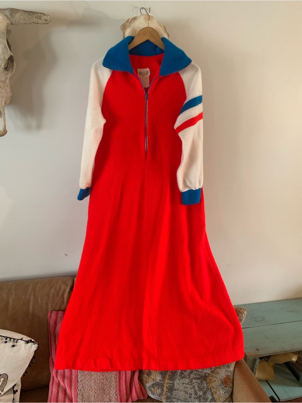 Sears Red Maxi Dress with Blue Collar and White Sleeves